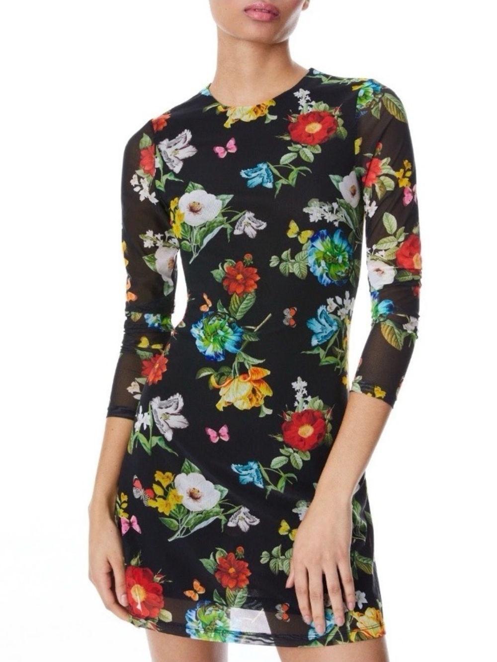 Alice & Olivia Delora Mesh Long Sleeve Flare Mini Dress Atrium Floral Garden 4